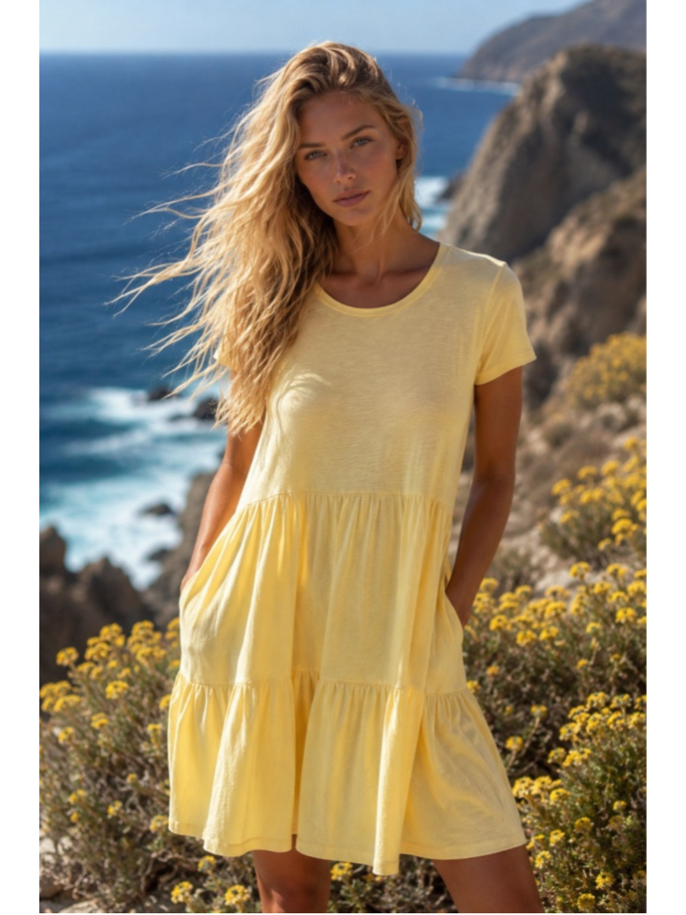 Old Navy Mini Dress Butter Yellow Coastal Cottagecore Tiered S Soft Quiet Luxury